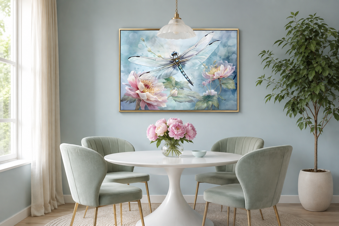Dragonfly on flower watercolor wall art in a gold frame above a dining table with pink flowers.
