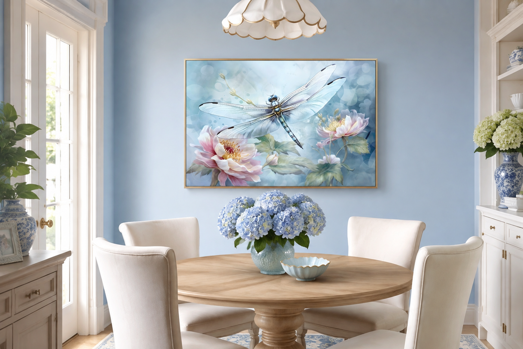 Framed watercolor dragonfly and flower wall art in a blue dining room with a round wooden table.