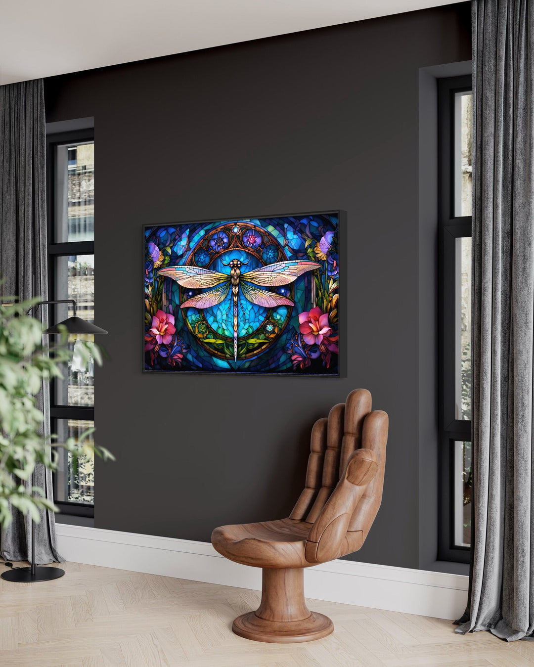 Dragonfly Stained Glass Style Art Nouveau Framed Canvas Wall Art