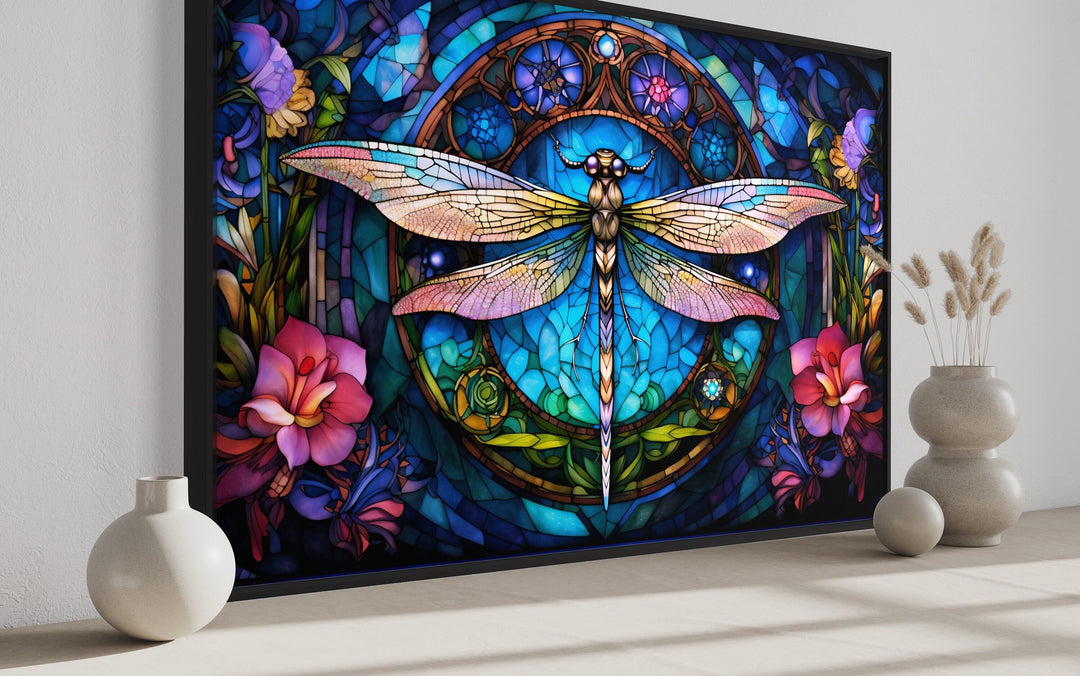 Dragonfly Stained Glass Style Art Nouveau Framed Canvas Wall Art