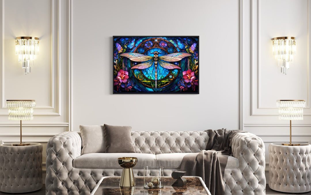 Dragonfly Stained Glass Style Art Nouveau Framed Canvas Wall Art