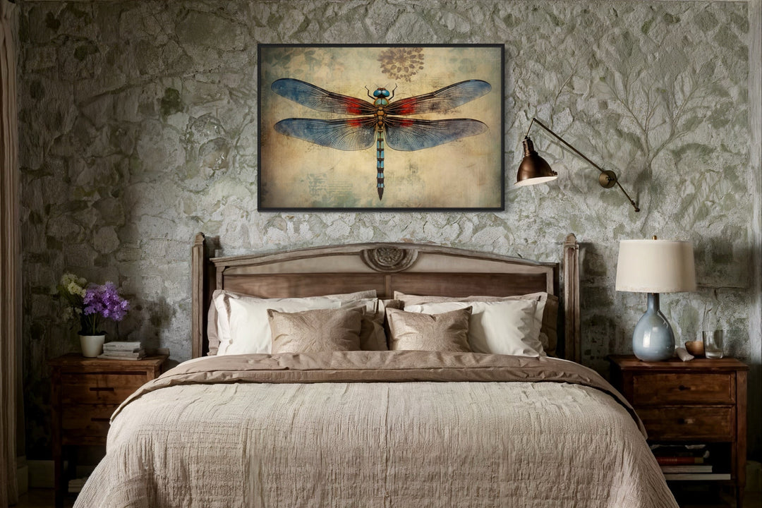 Dragonfly Vintage Rustic Framed Canvas Wall Art hanging above a bed in a rustic bedroom.