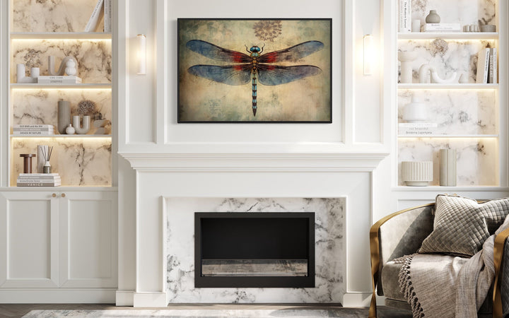 Dragonfly Vintage Rustic Framed Canvas Wall Art hanging above a white fireplace mantel.