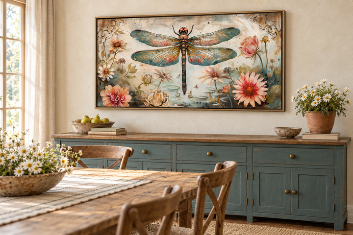 Rustic framed canvas wall art featuring a dragonfly and flowers above a blue farmhouse sideboard.