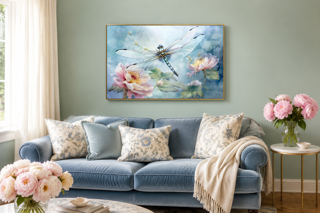 Framed watercolor wall art of a dragonfly on pink flowers above a blue sofa in a living room.