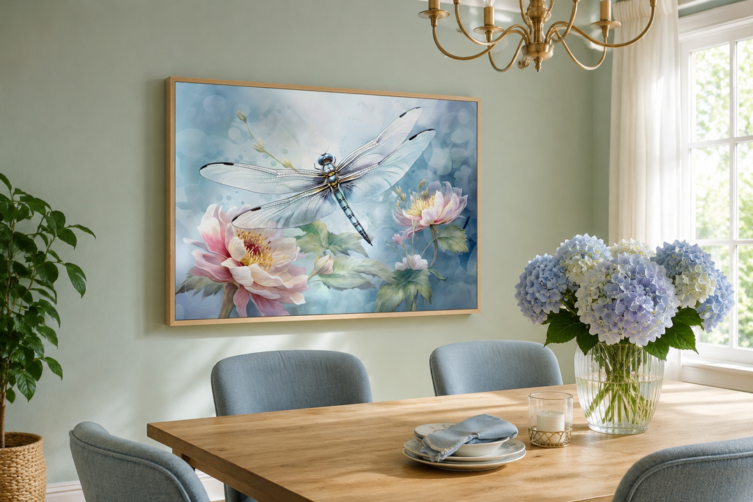 Dragonfly on flower watercolor wall art in a light wood frame above a wooden dining table.