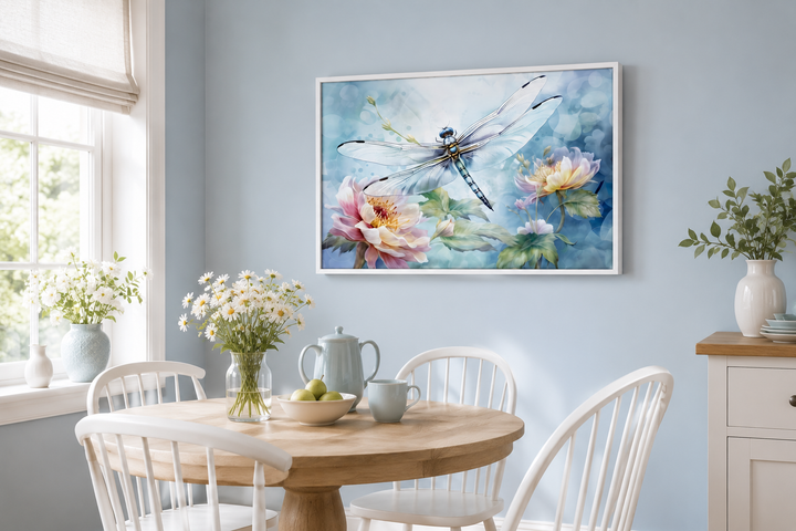 Framed watercolor wall art of a dragonfly over flowers in a bright, shabby chic dining room.