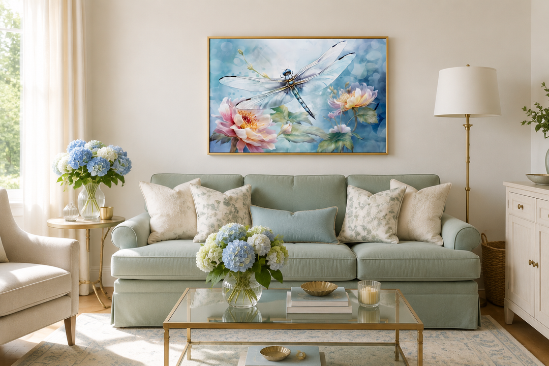 Dragonfly on flower watercolor wall art in a gold frame above a light blue sofa.