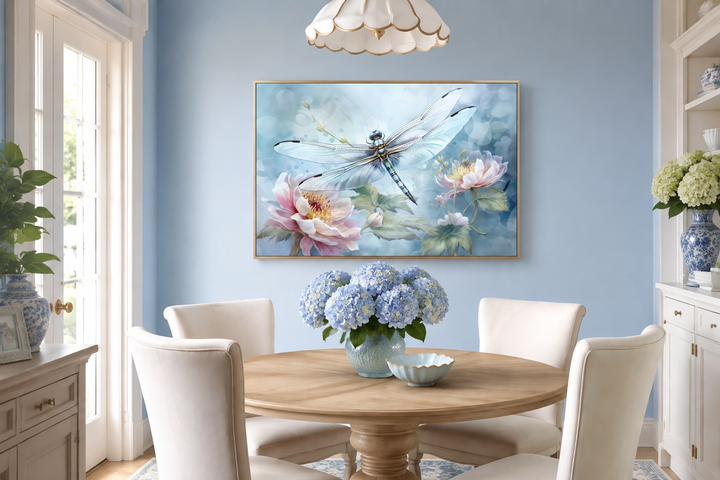 Framed watercolor dragonfly and flower wall art in a blue dining room with a round wooden table.