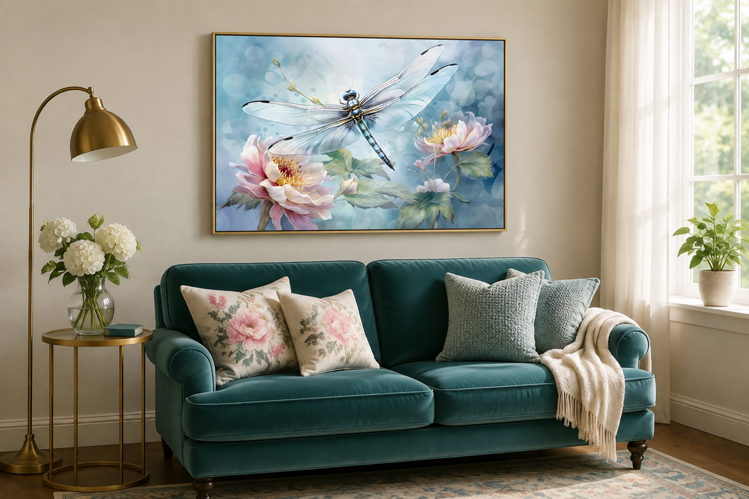 Framed watercolor canvas of a dragonfly over pink flowers above a teal sofa in a farmhouse living room