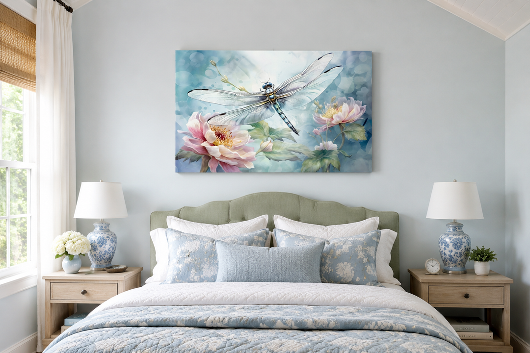 Dragonfly on flower watercolor wall art above a bed in a shabby chic farmhouse bedroom.