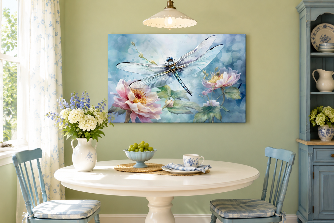Dragonfly on flower shabby chic watercolor wall art hanging above a dining table in a farmhouse.