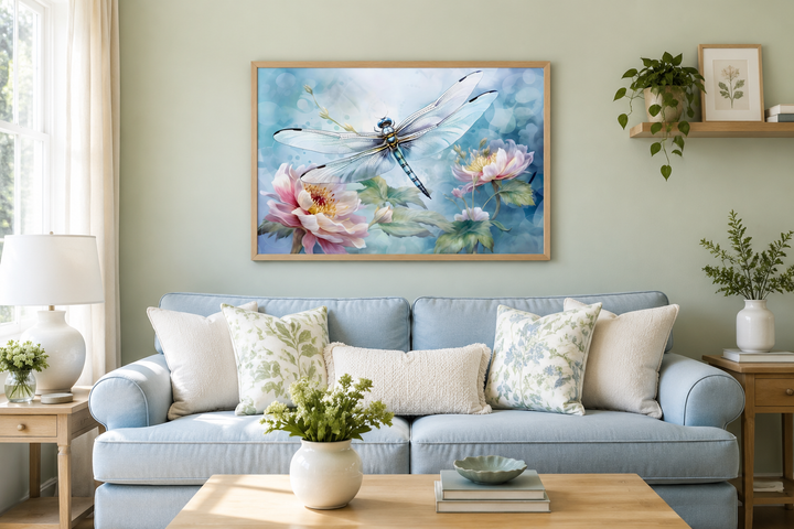 Dragonfly on flower watercolor wall art in a wooden frame above a blue sofa in a farmhouse living room.