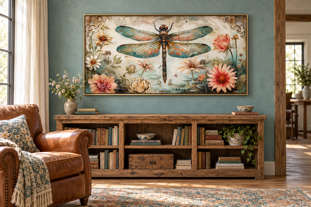 Framed horizontal canvas art of a dragonfly and flowers above a rustic wooden bookshelf.