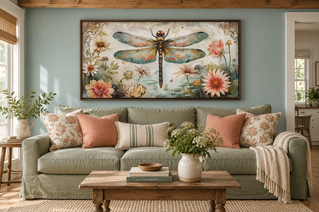 Framed canvas wall art of a dragonfly and flowers above a sage green sofa in a farmhouse living room.