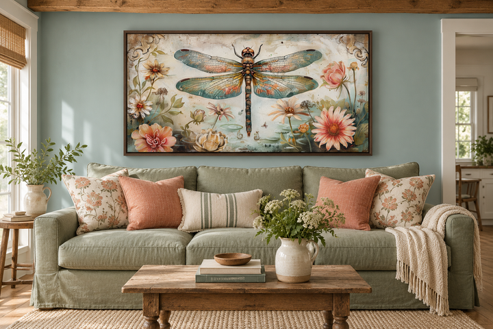 Framed canvas wall art of a dragonfly and flowers above a sage green sofa in a farmhouse living room.