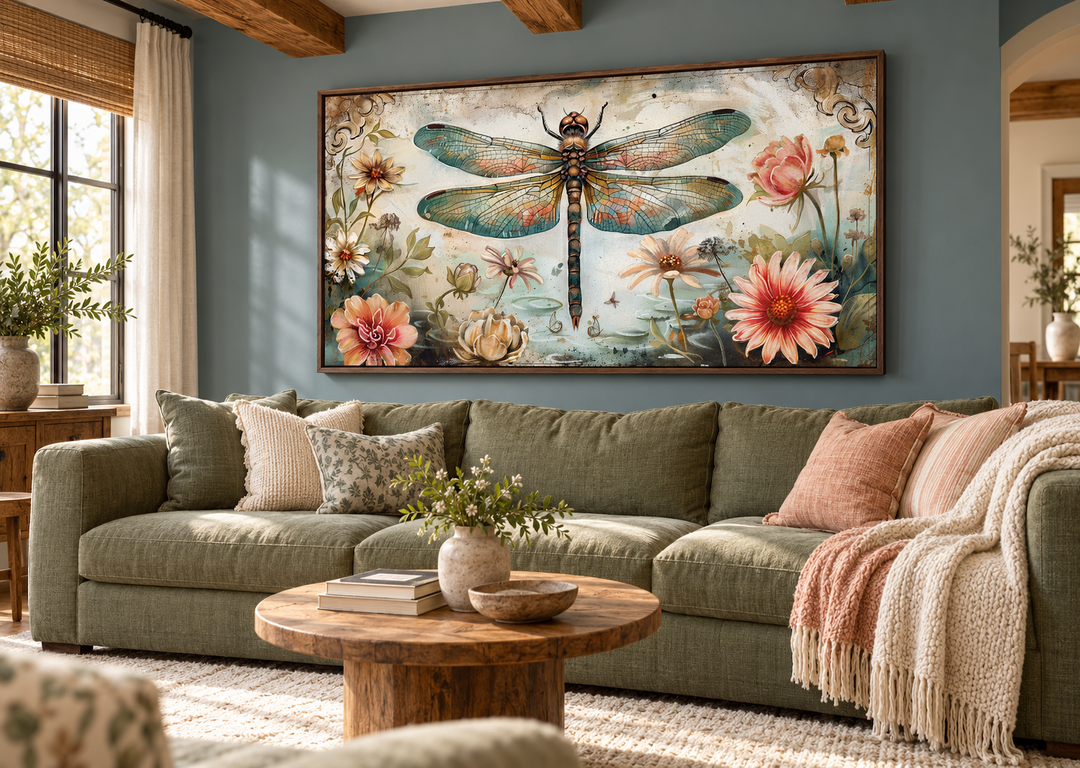 Framed canvas wall art of a dragonfly and flowers above a green sofa in a rustic living room.