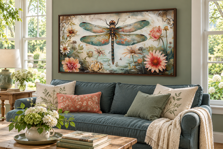 Framed canvas wall art featuring a large dragonfly and colorful flowers in a rustic farmhouse room.