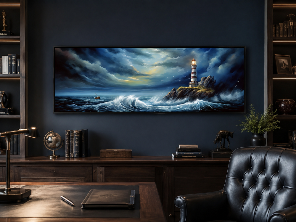 Dramatic lighthouse in stormy ocean long horizontal wall art above a dark wood desk in a study.