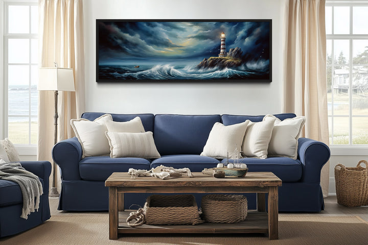 Dramatic Lighthouse In Stormy Ocean Long Horizontal Wall Art