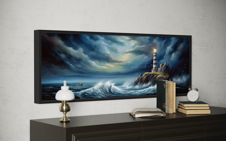 Panoramic wall art of a lighthouse on a rocky cliff during a storm with crashing ocean waves.