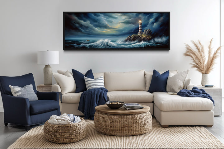 Dramatic Lighthouse In Stormy Ocean Long Horizontal Wall Art