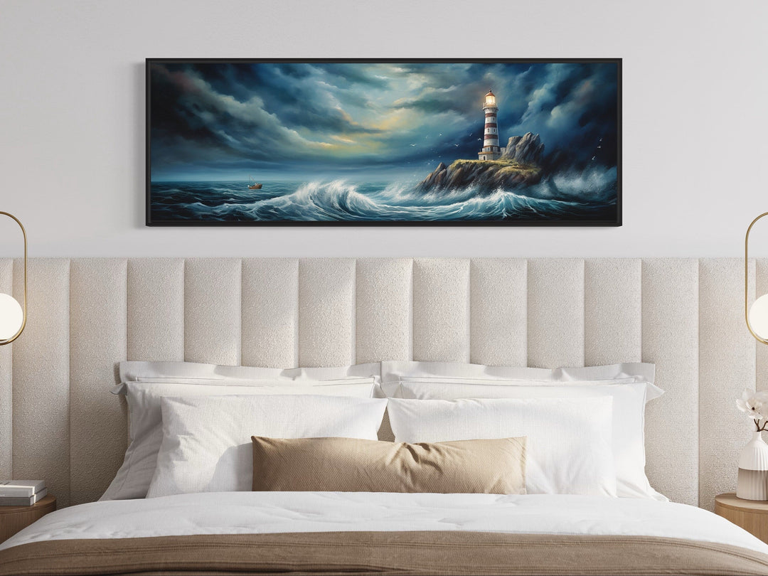 Dramatic Lighthouse In Stormy Ocean Long Horizontal Wall Art