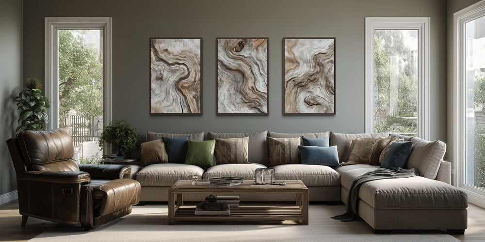 Set of three vertical canvas wall art panels featuring abstract driftwood grain in warm earth tones.