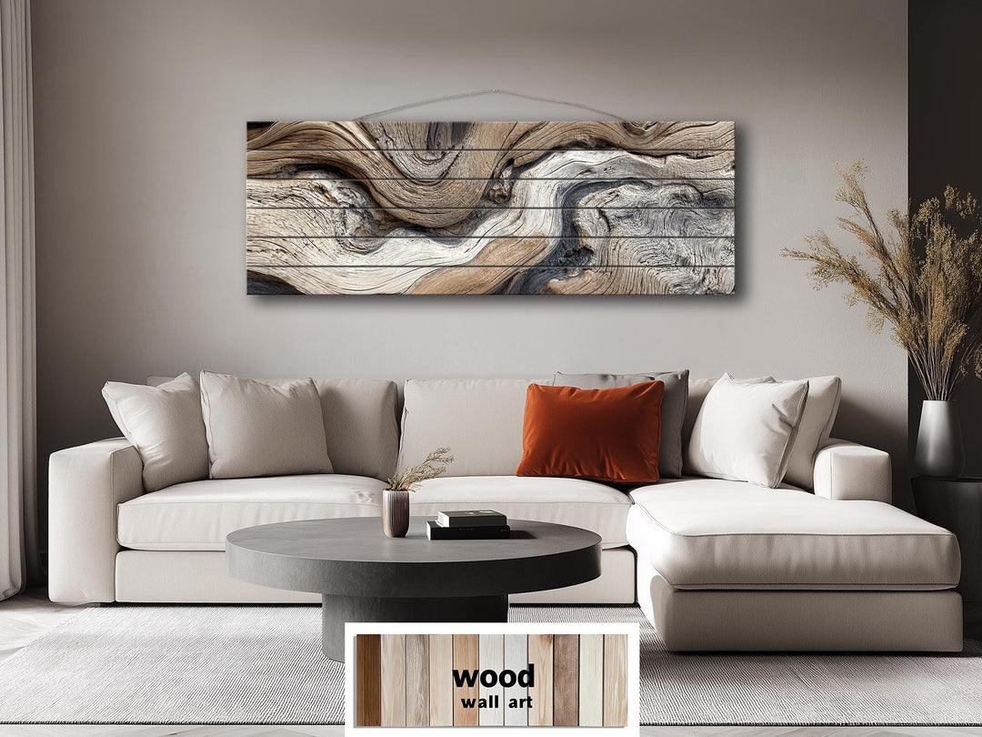 Large horizontal driftwood painting on wooden planks for farmhouse or coastal wall decor.