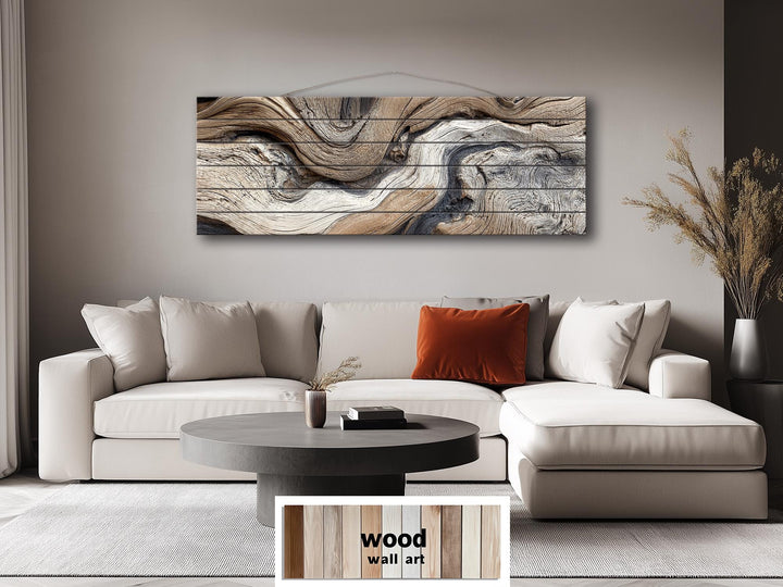 Large horizontal driftwood painting on wooden planks for farmhouse or coastal wall decor.