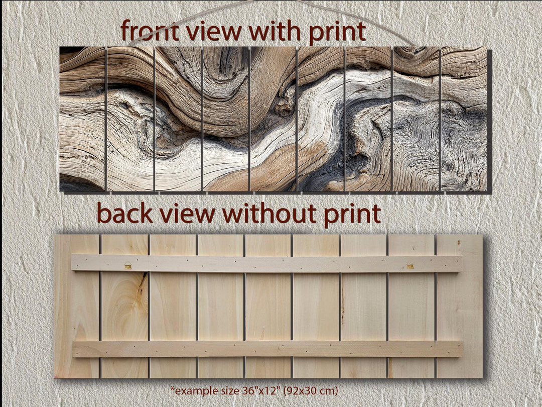 Horizontal driftwood painting printed on real wood planks, shown from front and back views.