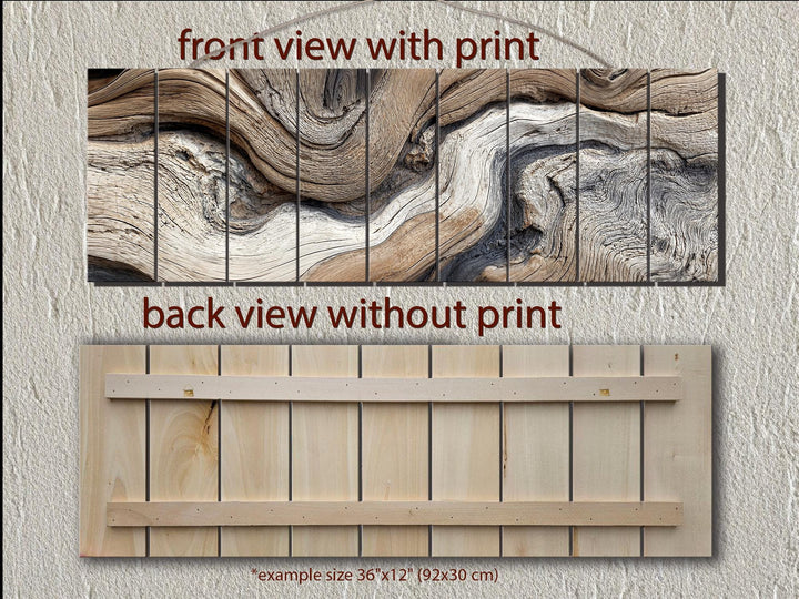 Horizontal driftwood painting printed on real wood planks, shown from front and back views.