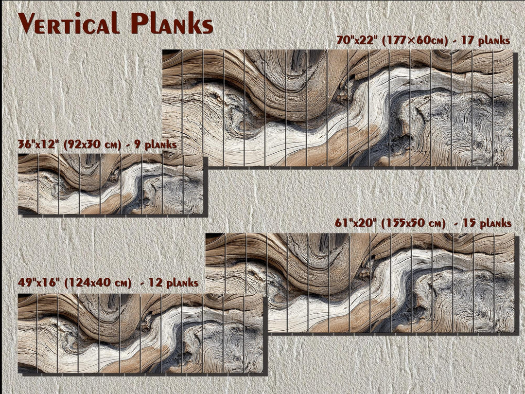 Large horizontal driftwood painting printed on vertical wooden planks in various sizes.