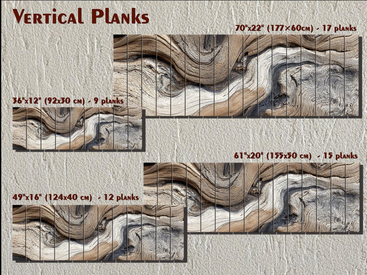 Large horizontal driftwood painting printed on vertical wooden planks in various sizes.