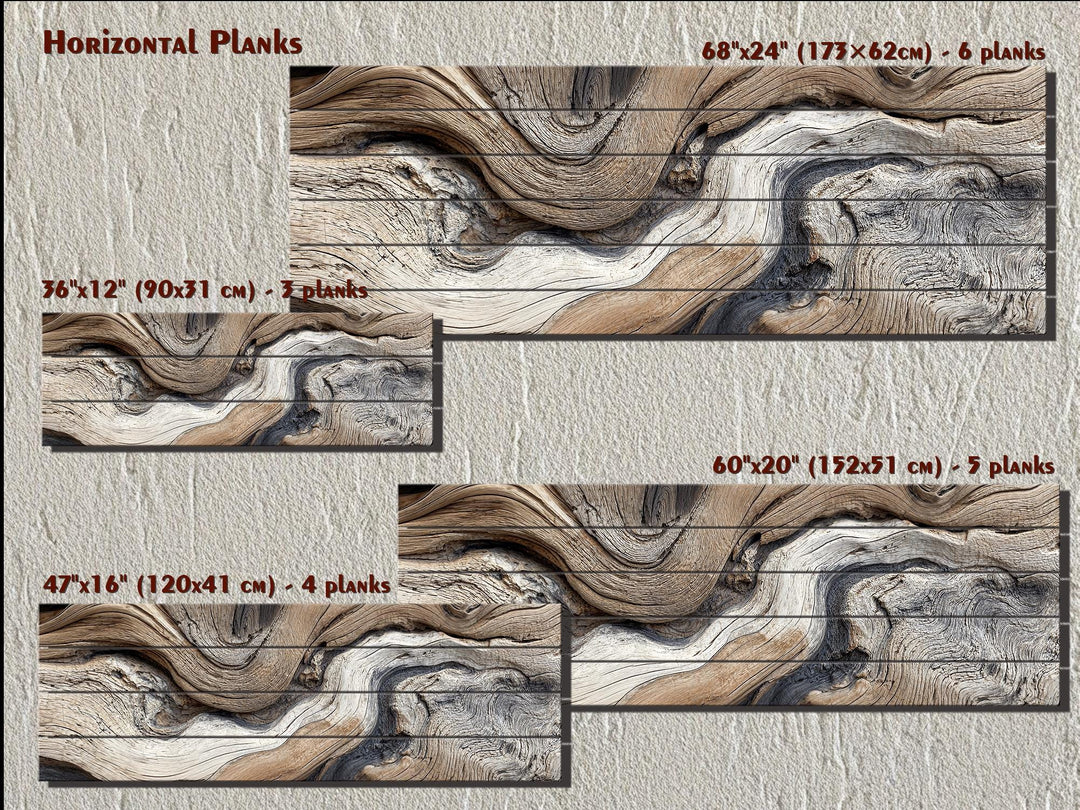 Horizontal driftwood abstract art printed on multiple natural wood planks in four size options.