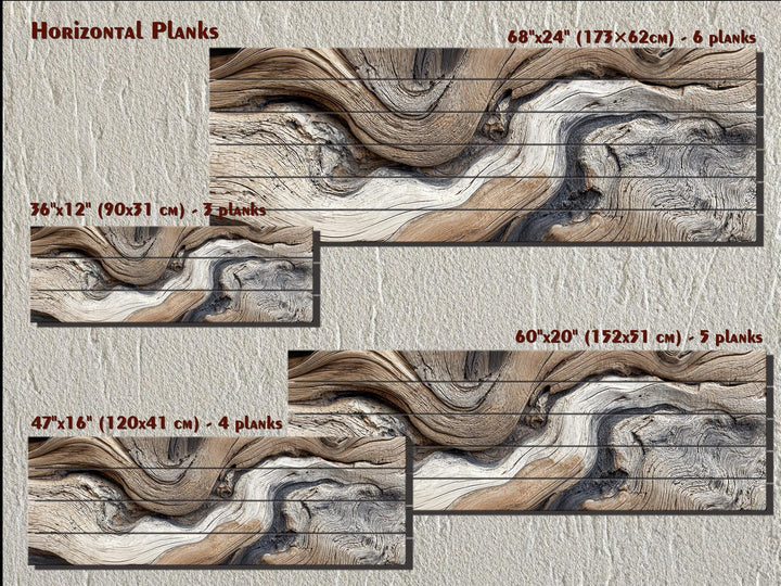 Horizontal driftwood abstract art printed on multiple natural wood planks in four size options.
