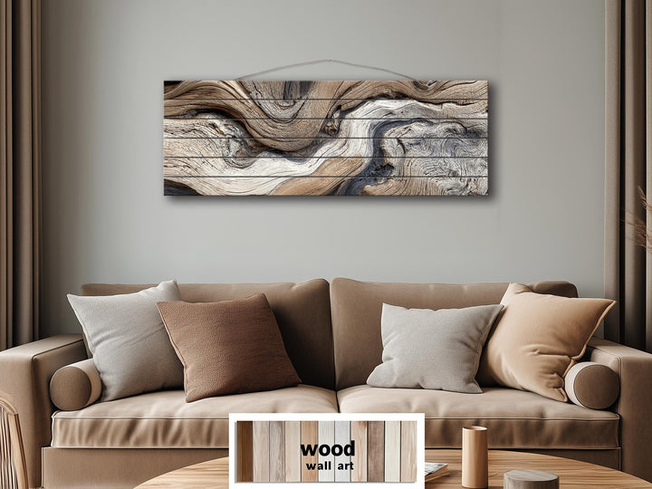 Large horizontal driftwood painting on wooden planks, ideal for farmhouse or coastal wall decor.
