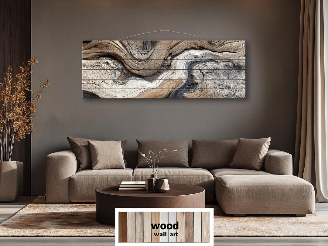 Large horizontal driftwood painting on wooden planks for farmhouse or coastal wall decor.