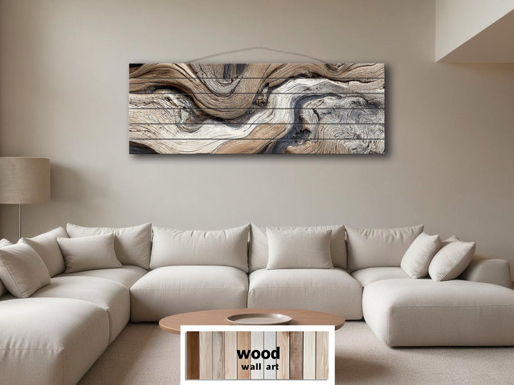 Large horizontal driftwood painting on wooden planks for farmhouse or coastal wall decor.
