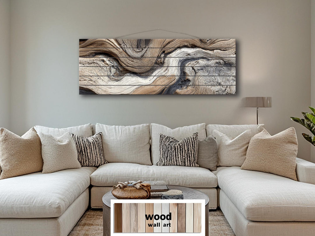 Large horizontal driftwood painting on wooden planks for farmhouse or coastal wall decor.