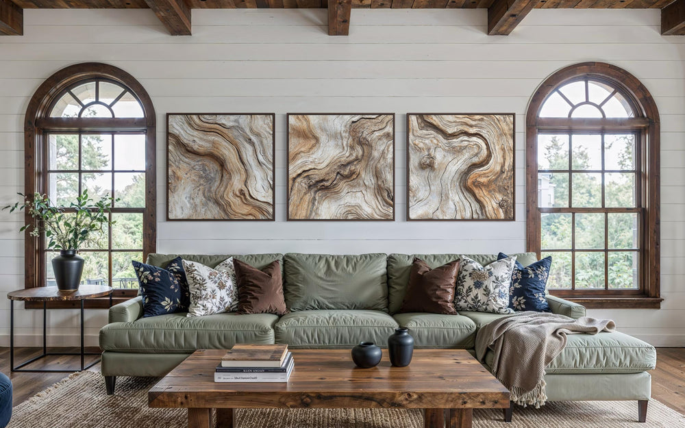 Triptych of three driftwood wood grain canvas paintings above a green sofa in a rustic living room.