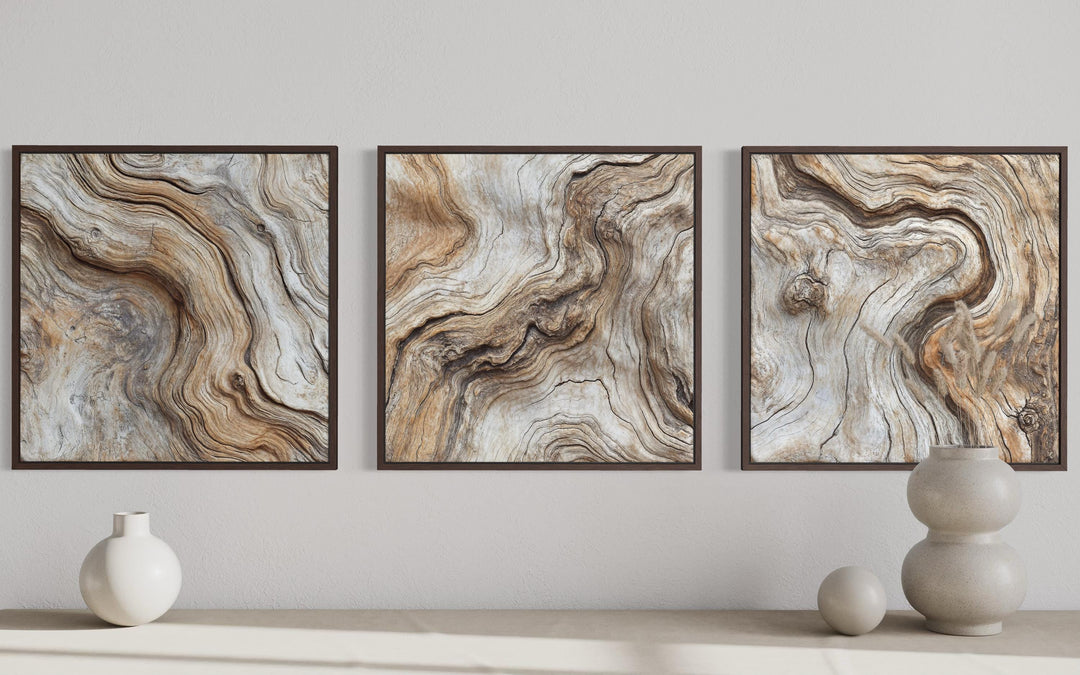Triptych of three square canvas prints featuring abstract driftwood grain in warm neutral tones.