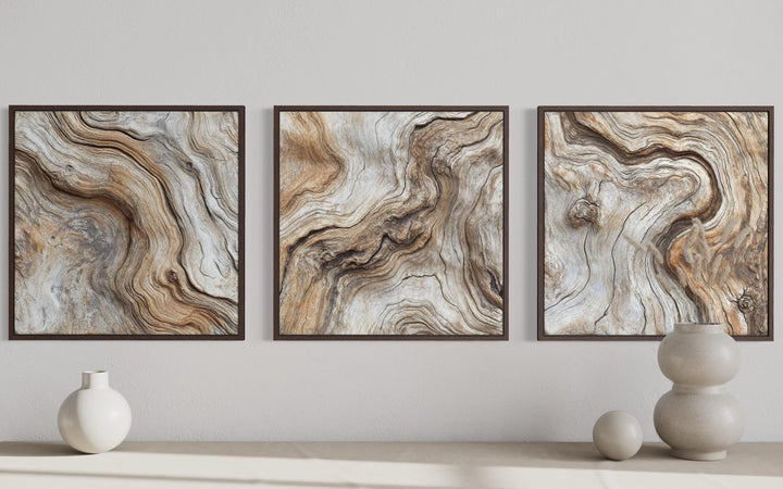 Triptych of three square canvas prints featuring abstract driftwood grain in warm neutral tones.