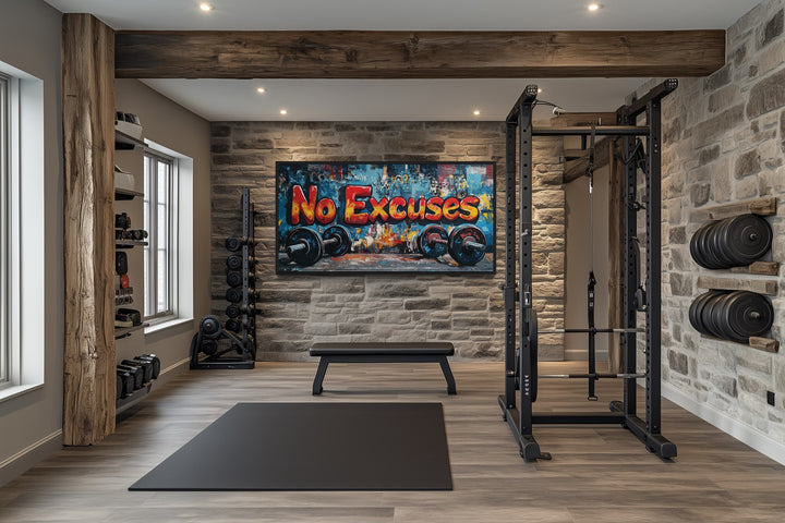 Dumbbells No Excuses Graffiti Painting Motivational Home Gym Wall Art