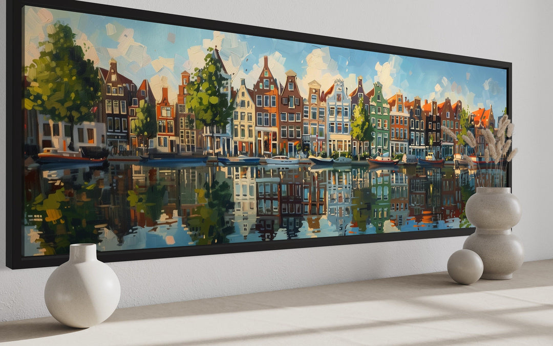 Dutch Houses And Canal Panoramic Framed Canvas Wall Art