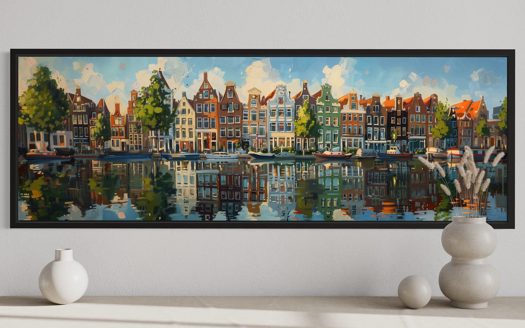 Dutch Houses And Canal Panoramic Framed Canvas Wall Art