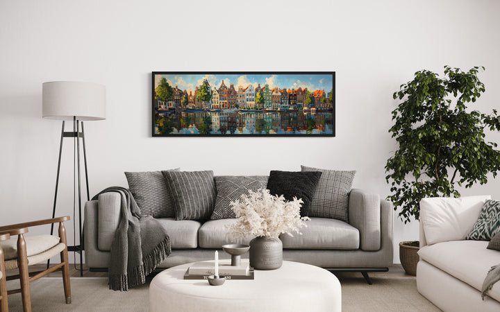 Dutch Houses And Canal Panoramic Framed Canvas Wall Art