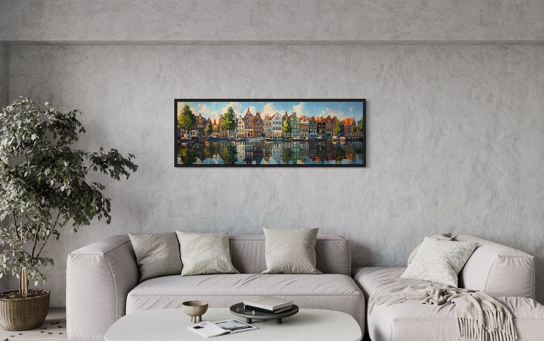 Dutch Houses And Canal Panoramic Framed Canvas Wall Art