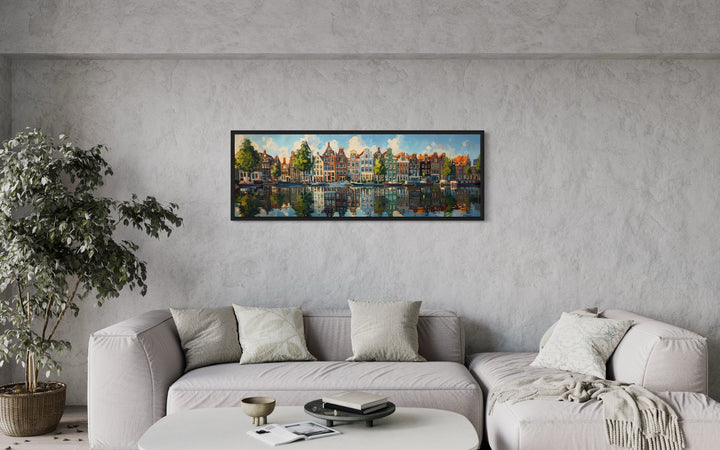 Dutch Houses And Canal Panoramic Framed Canvas Wall Art