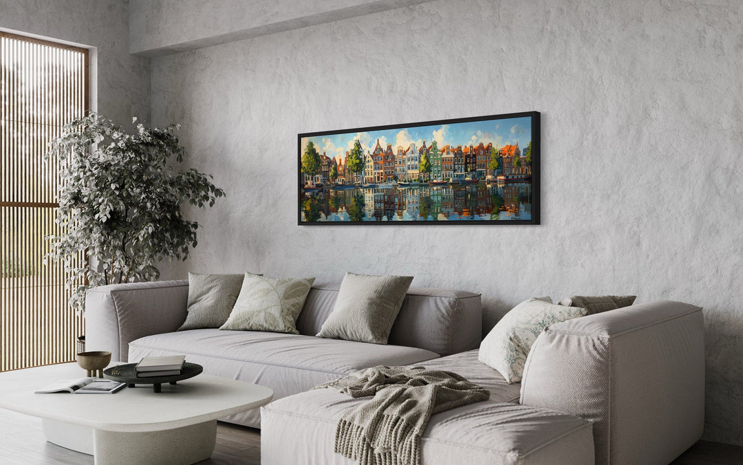 Dutch Houses And Canal Panoramic Framed Canvas Wall Art